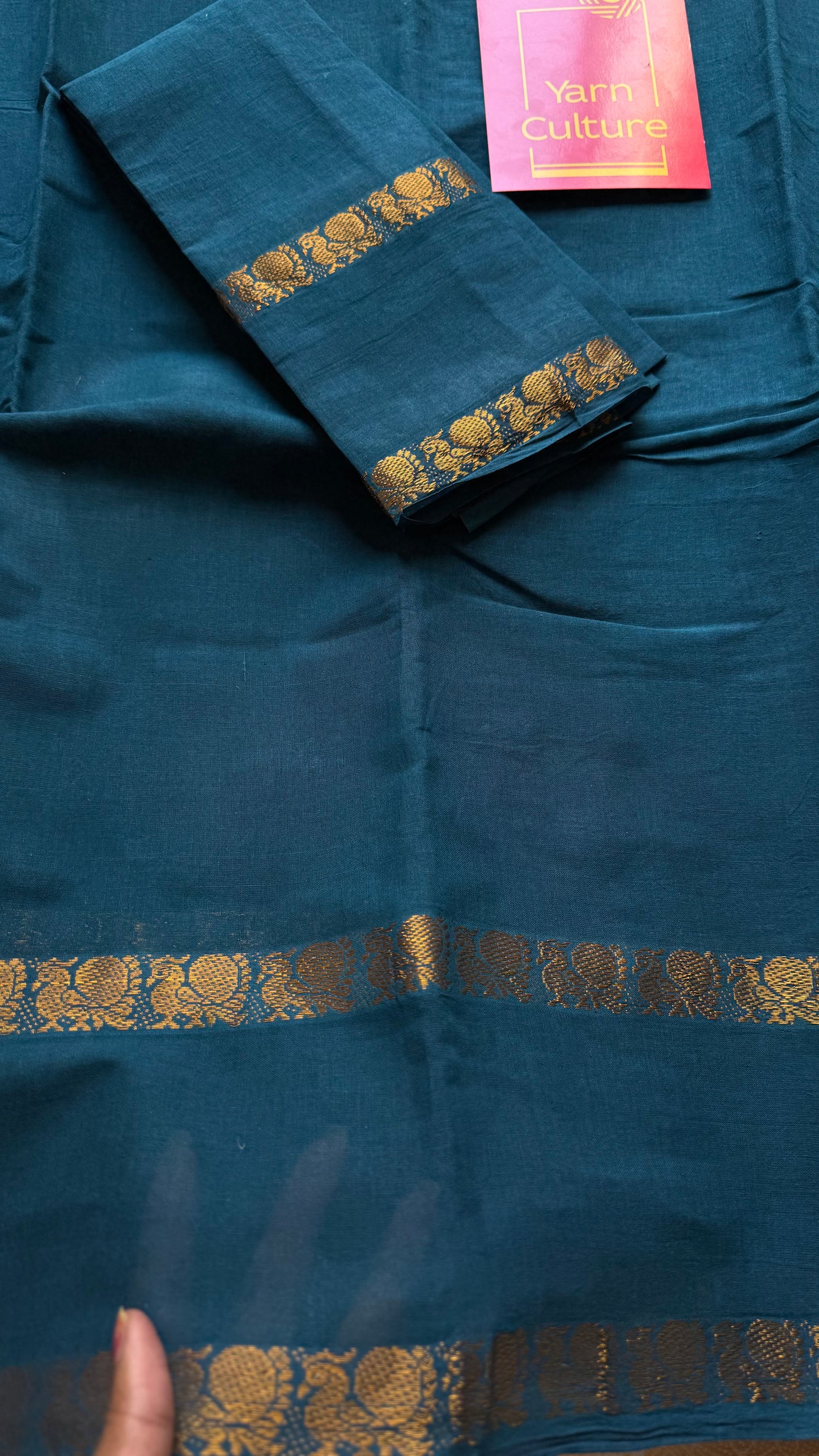 Peacock blue/teal rettaipettu peacock double bordered, kattuchayam dyed madurai cotton saree - YCTORKDJU30