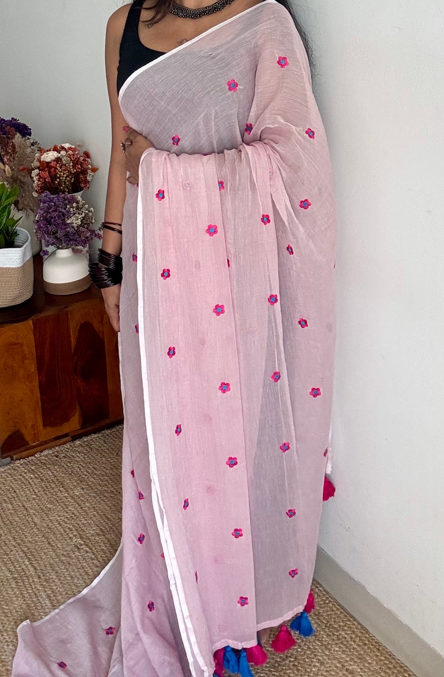 Pink floral embroidered mul cotton saree  - YCBCMCAP45