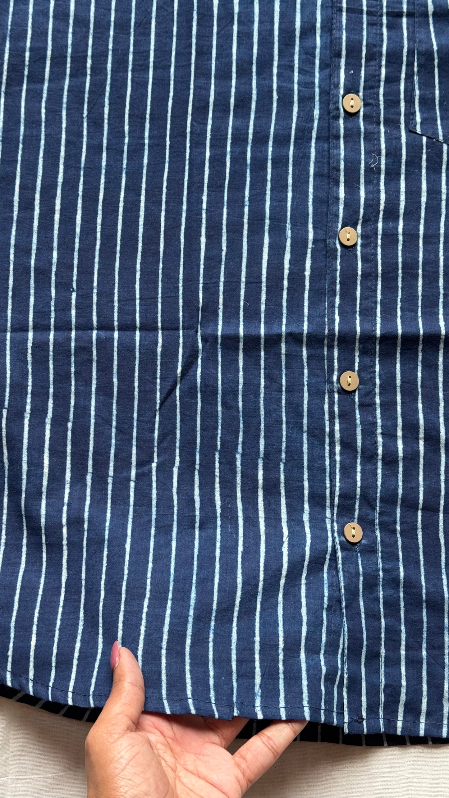 Indigo Striped Block Printed Cotton Men's Half Sleeve Mandarin Collar Kurta Shirt - YCMSEIE186