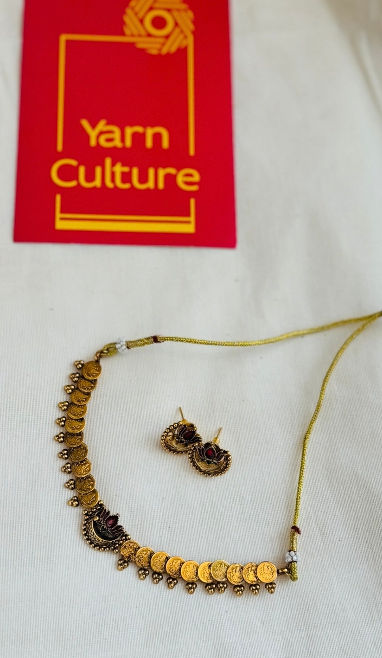 Coin necklace with red lotus pendant, with earrings - YCGPNP777