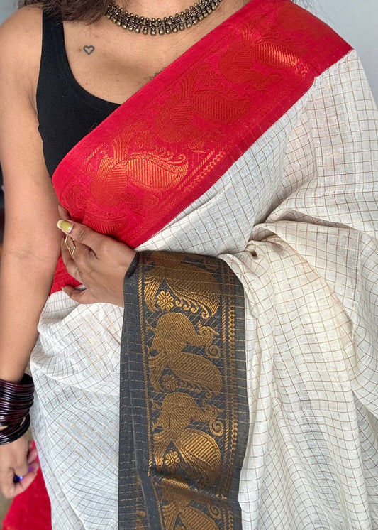 Sungudi cotton checks, ivory gold base, red and black dual tone border, soft cotton - YCCOTNGJJA159