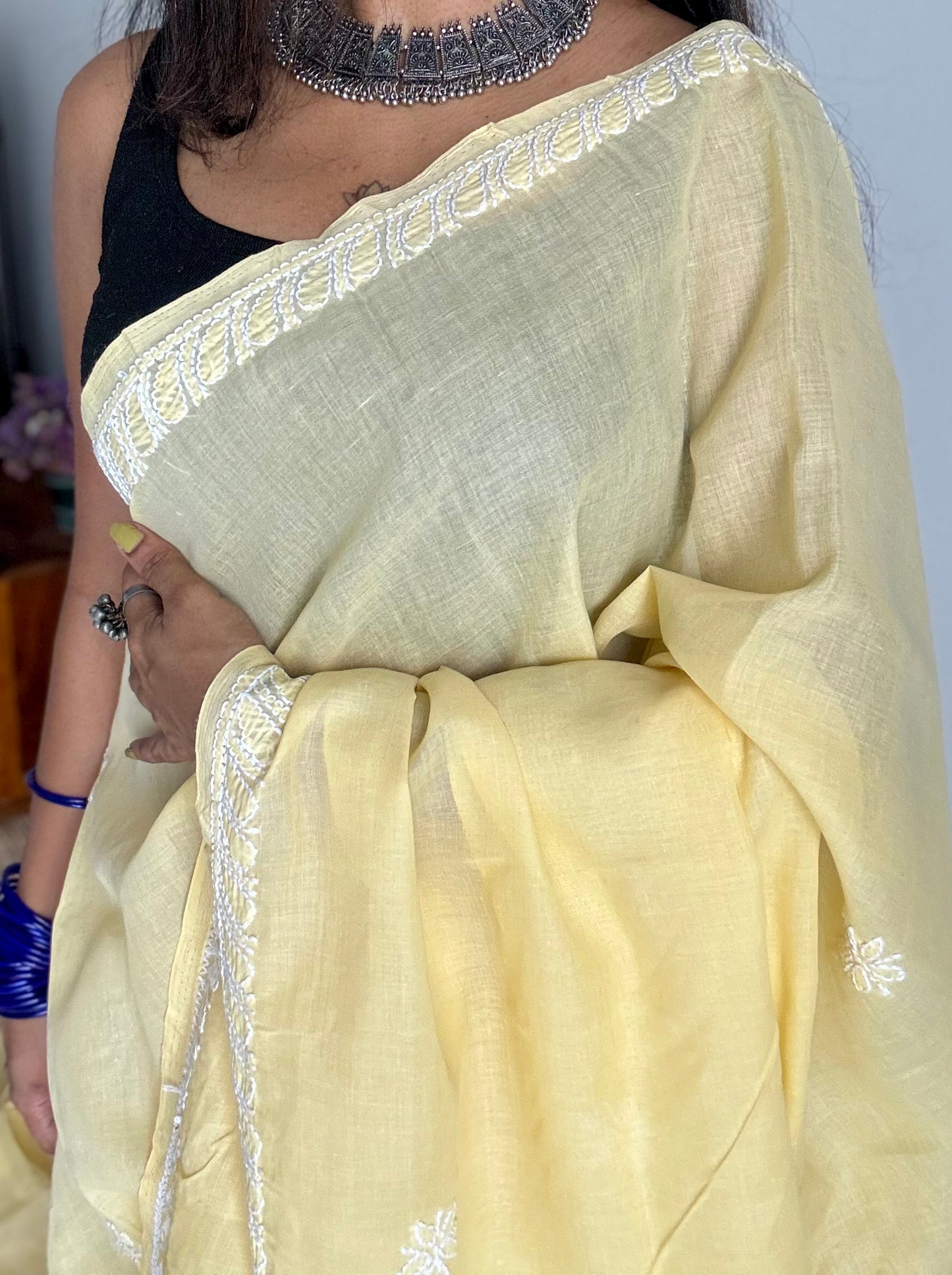 Ziya - light canary yellow hand-embroidered chikankari cotton saree - YCLCKFE417