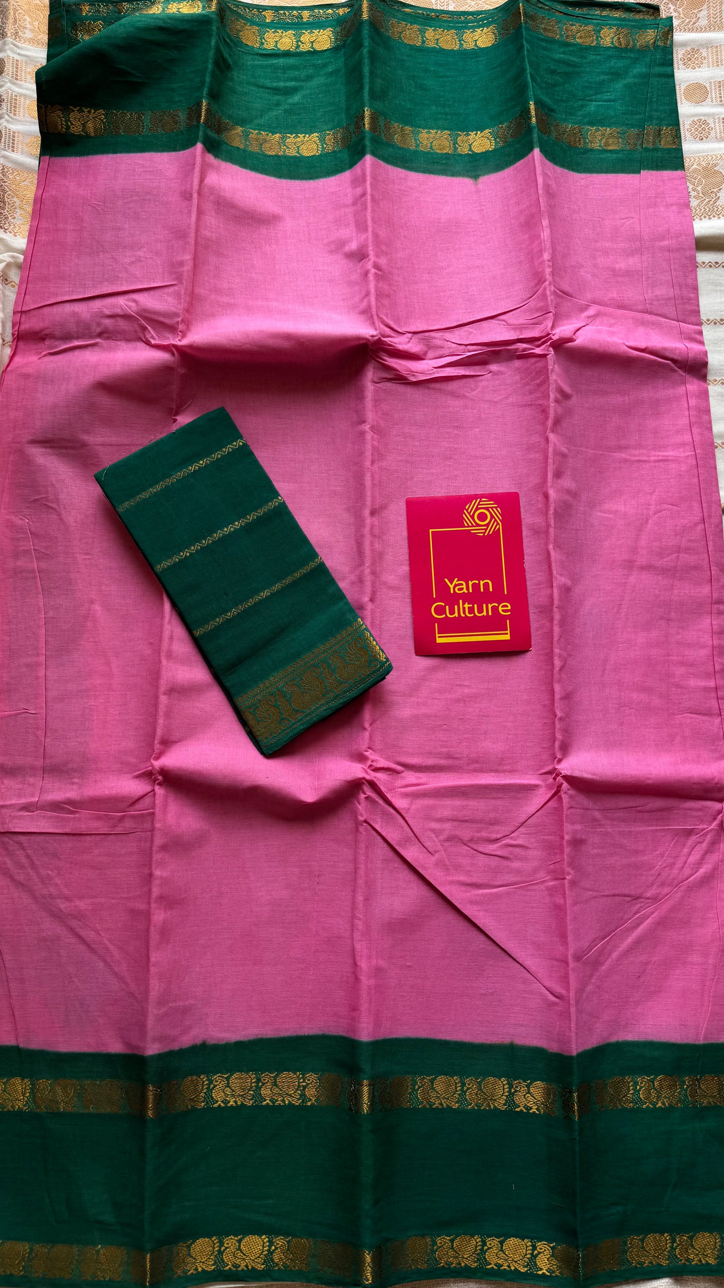 Pink with bluish green rettaipettu peacock double border, madurai soft cotton - YCCOTNMSAP203