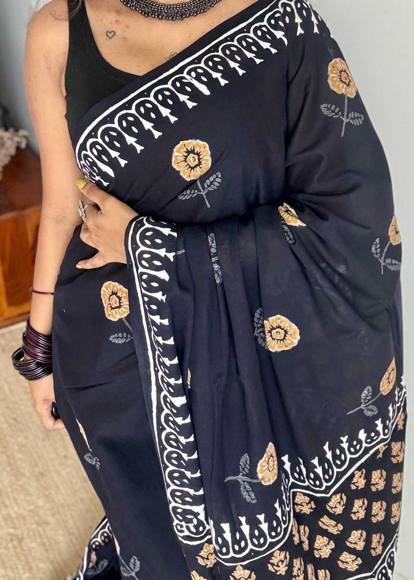 Midnight Marigold – a soft bloom of spring, block print, soft cotton - YCTOROCBP63