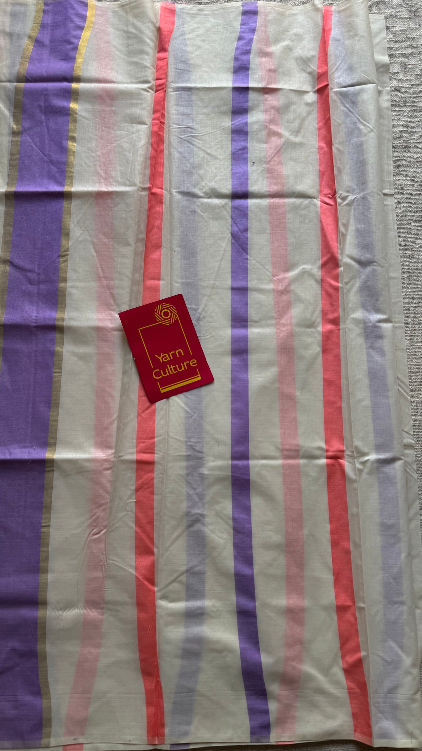 Ivory Kerala cotton saree with lilac and peach stripes - YCIEKCFE304