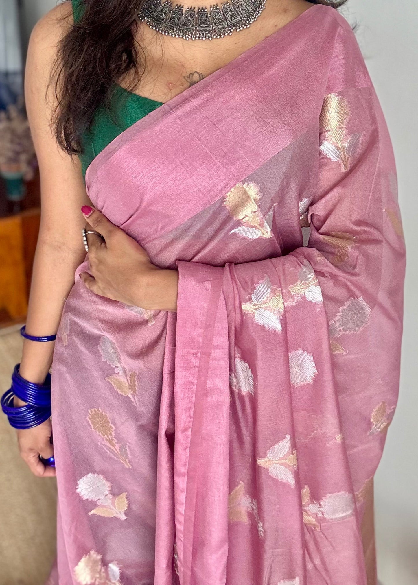 Dusty pink with gold and silver floral buttas, Banarasi semi-crepe silk - YCDESE46