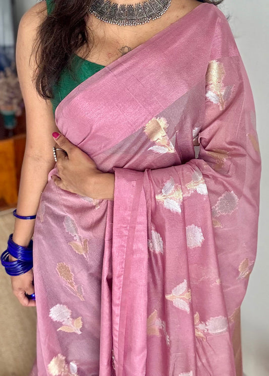 Dusty pink with gold and silver floral buttas, Banarasi semi-crepe silk - YCDESE46