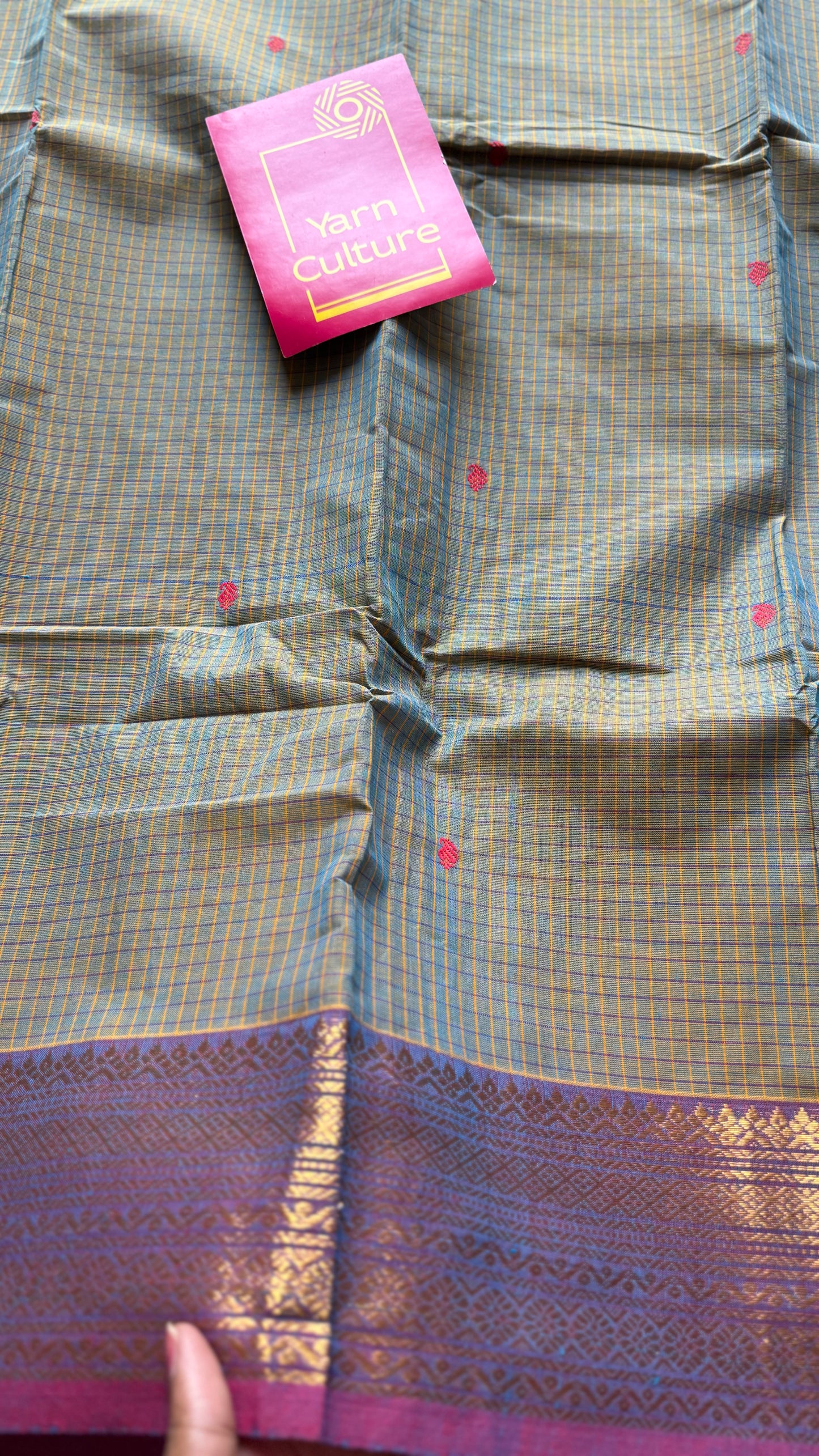 Grey and magenta purple contrast, checkered Chettinad cotton saree - YCCOTNMA263