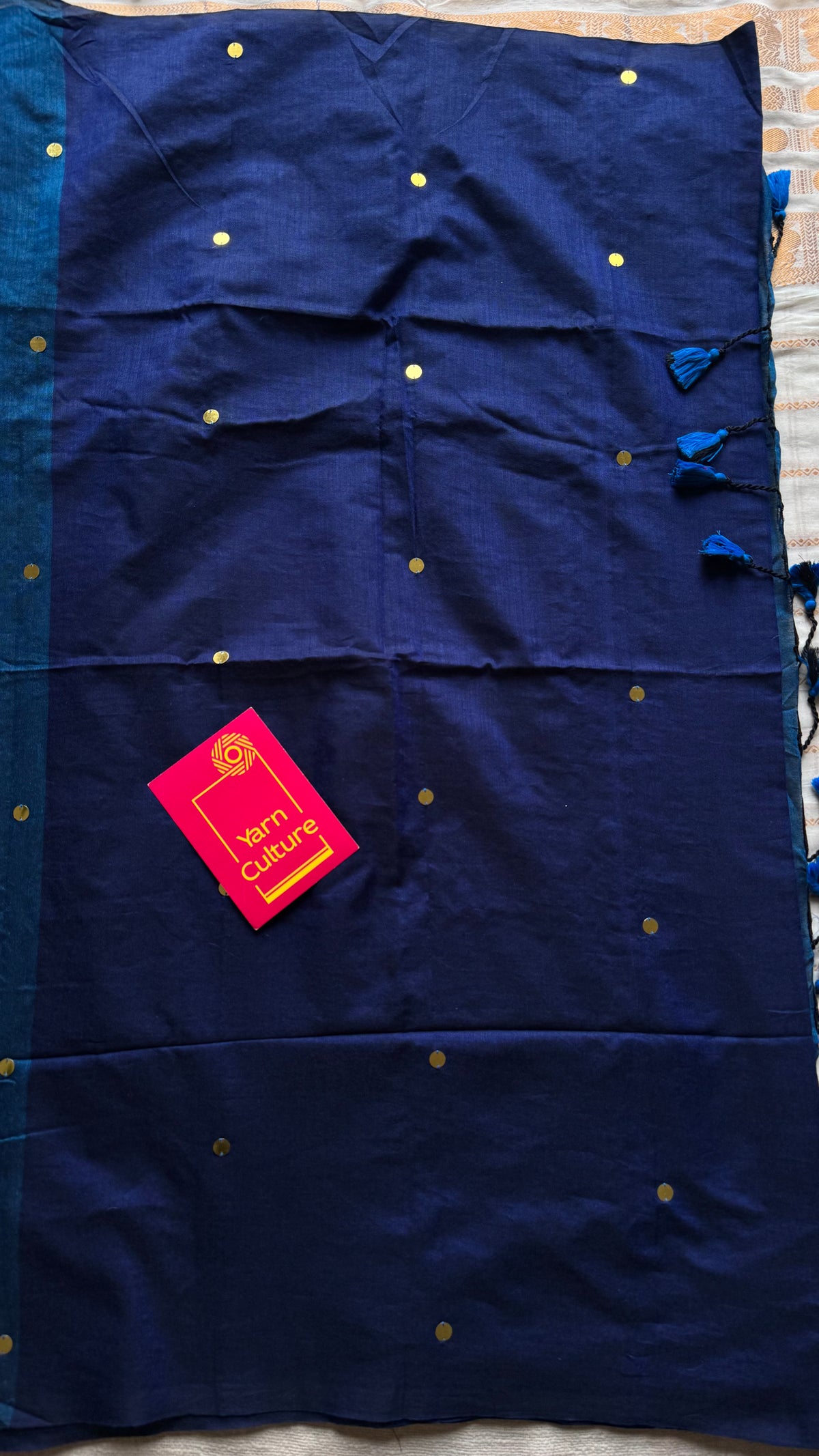 Dark blue with peacock blue contrast pallu, gini sequins, soft cotton saree - YCBCSCOC05
