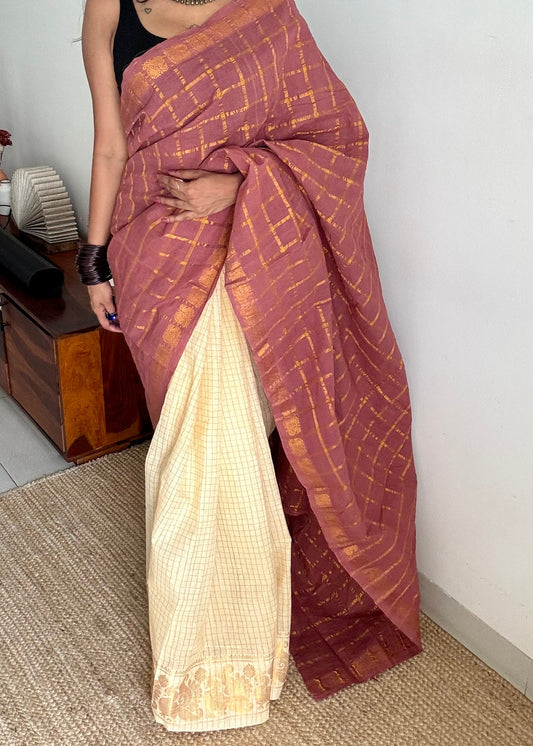 Mauve and ivory, sungudi cotton half-half saree - YCCOTNIDMA300