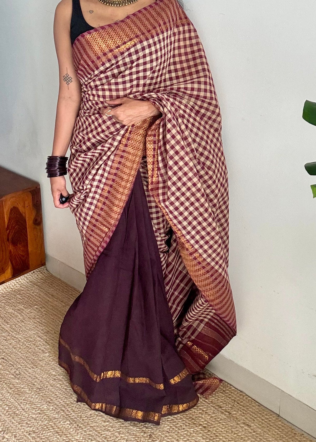 Maroon with cream checks and brown, sungudi and chettinad cotton half-half saree - YCCOTNIDOC32