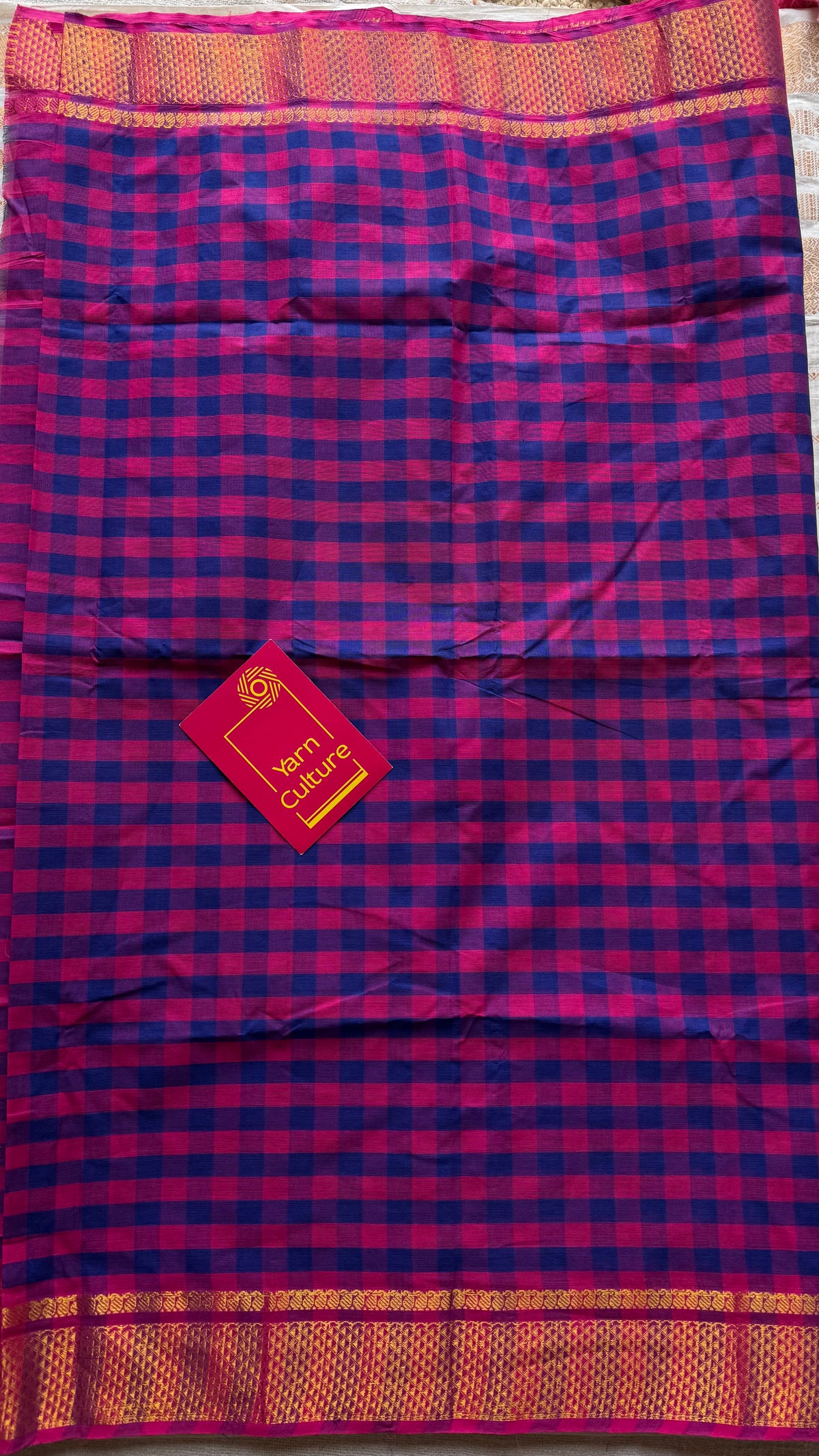 Chettinad cotton saree with purple pink and blue checks, zari motif border - YCCOTNCKSE45
