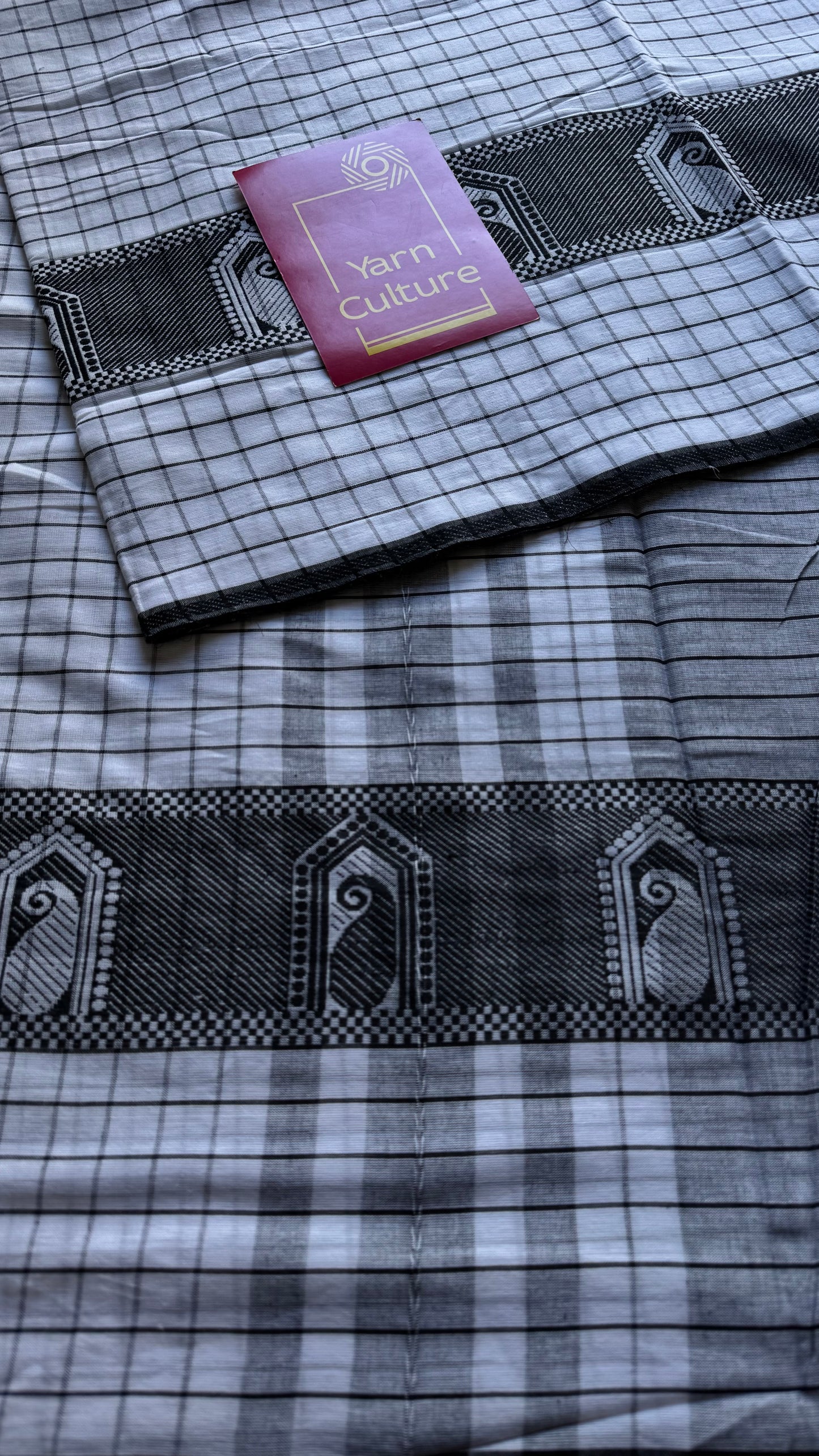 Dhonekhali handloom soft cotton saree, black and white checks, black thread motif worked border - YCBCDFE265