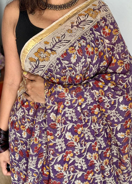 Purple cream red kalamkari saree in kota, with zari border - YCWOTDKKFE18