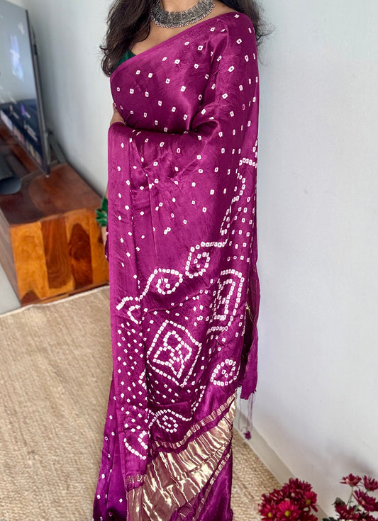 Wine crushed bandhani modal silk with lagdi patta (zari pallu)  - YCDESE29