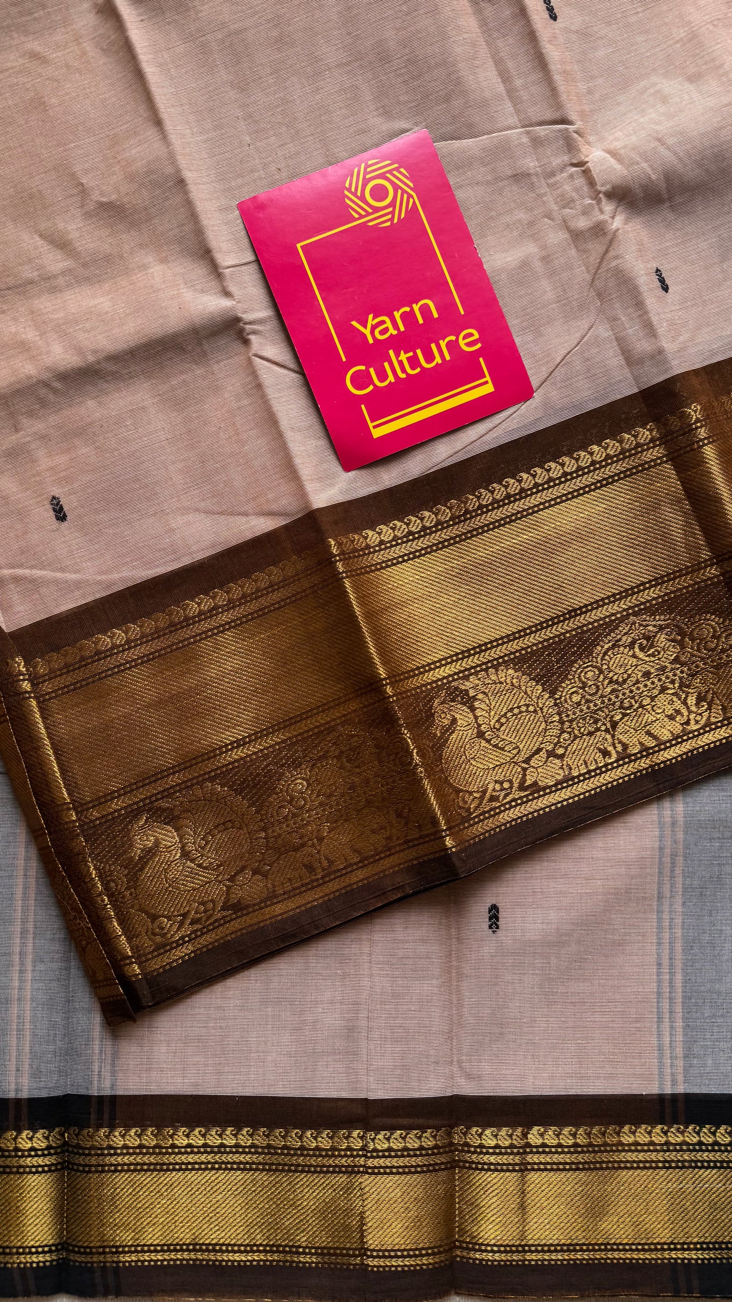 Kanchi cotton saree,dark beige with brown gold zari border - YCCOTNAP82