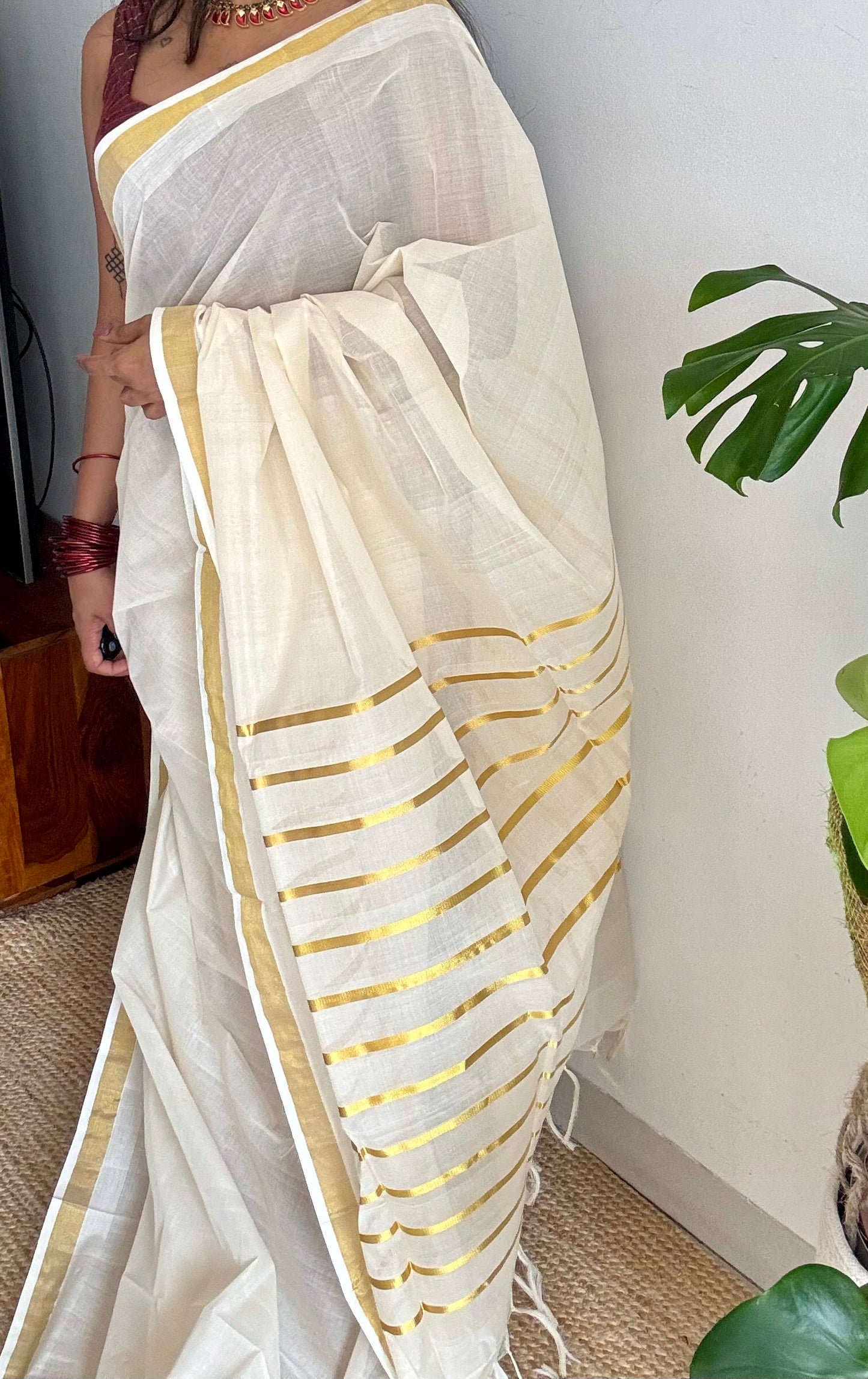 Handloom, woven in Chendamangalam Looms, ivory with gold striped pallu - YCIEON147