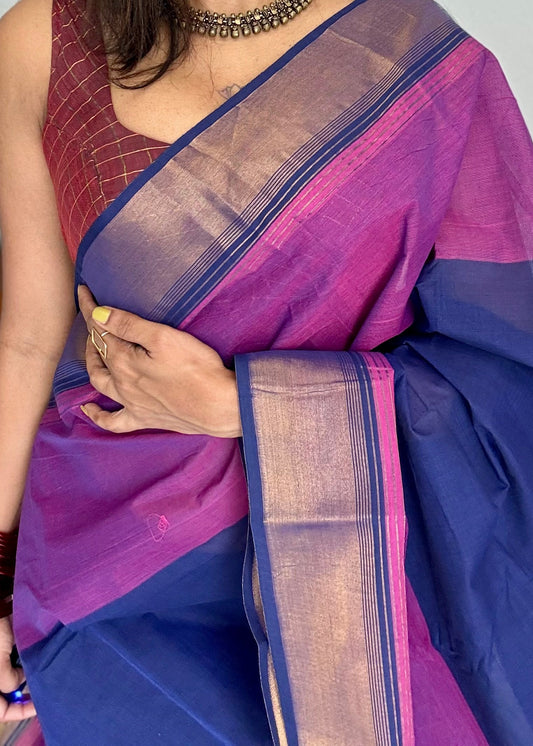Chettinad cotton saree with zari border, lightweight breathable handloom cotton saree for summer and everyday wear, navy blue magenta saree