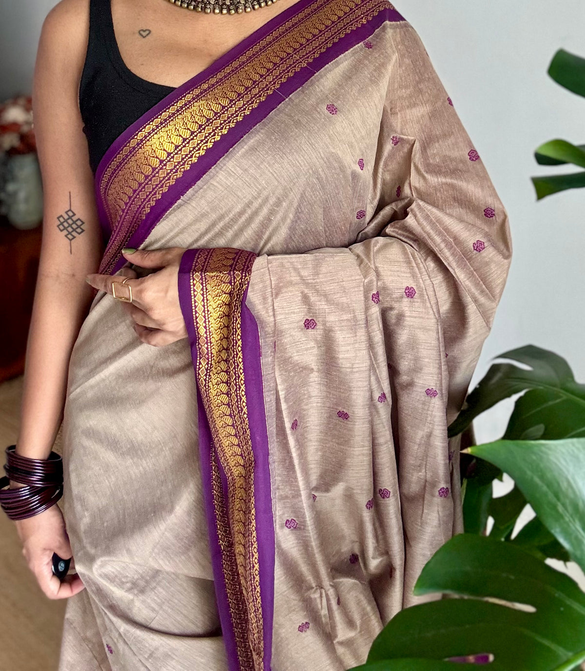 Warm grey with purple, cotton silk saree with zari border - YCCOTNKCOC107