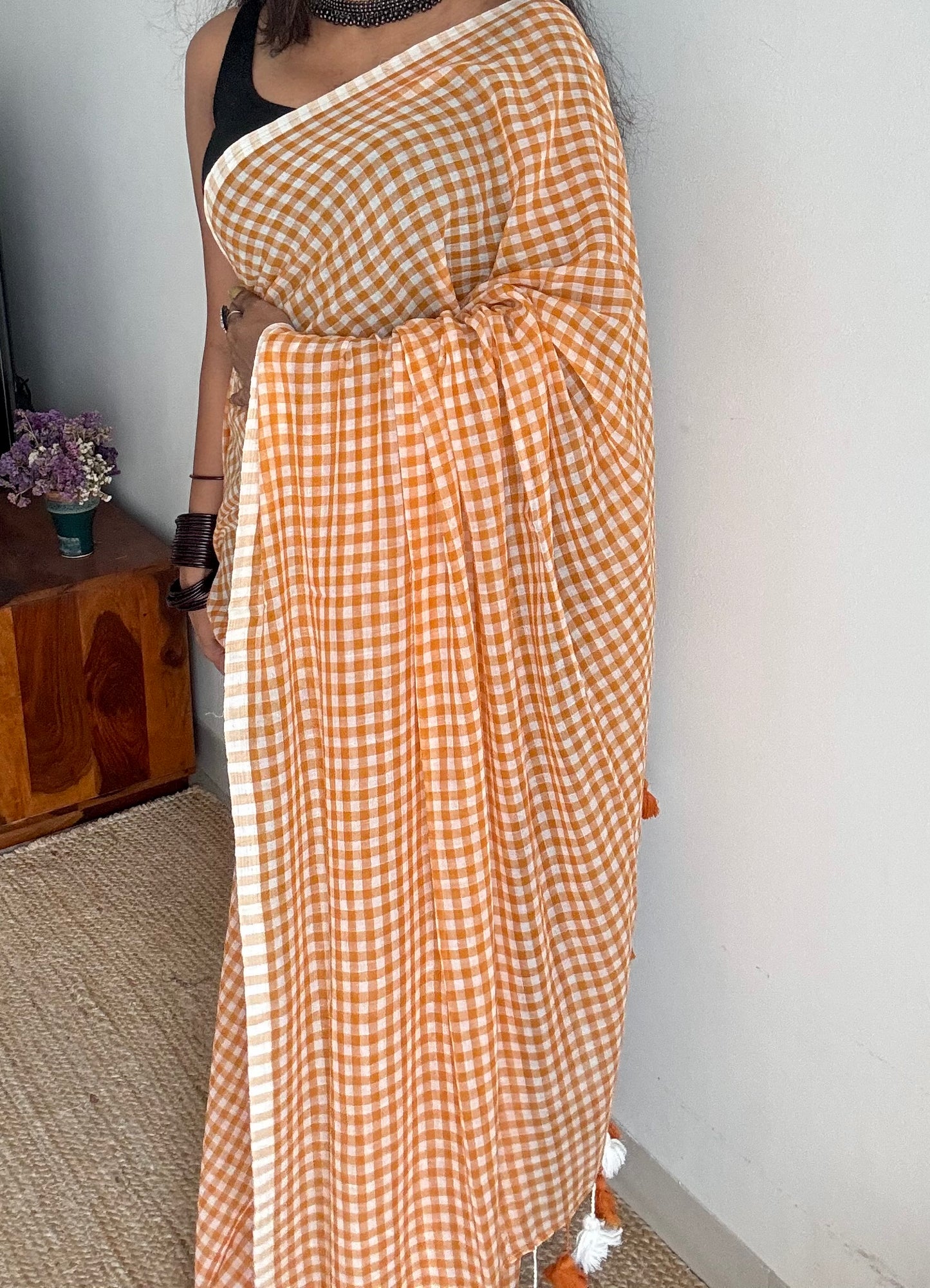 Light orange and white checkered mul cotton saree  - YCBCMCCMA26