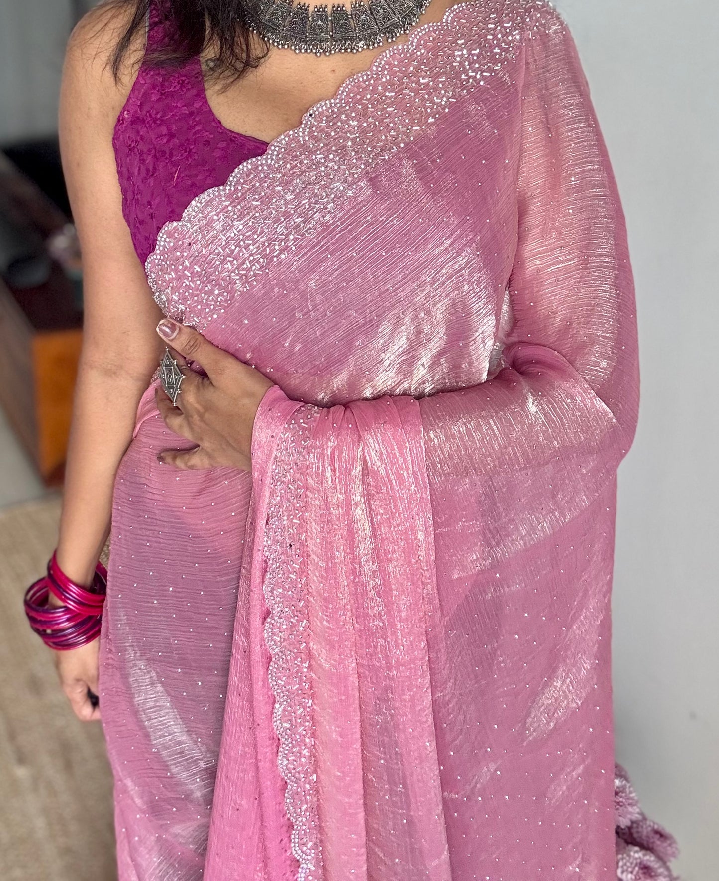 Candy Pop - pink dual tone space silk, jarkhan stone work - YCDOSNO37