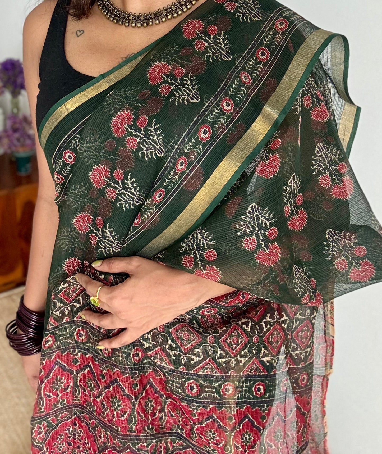 Mirchi Mix - dark green with red floral kota doria saree, with gold zari border - YCTORKDJU28