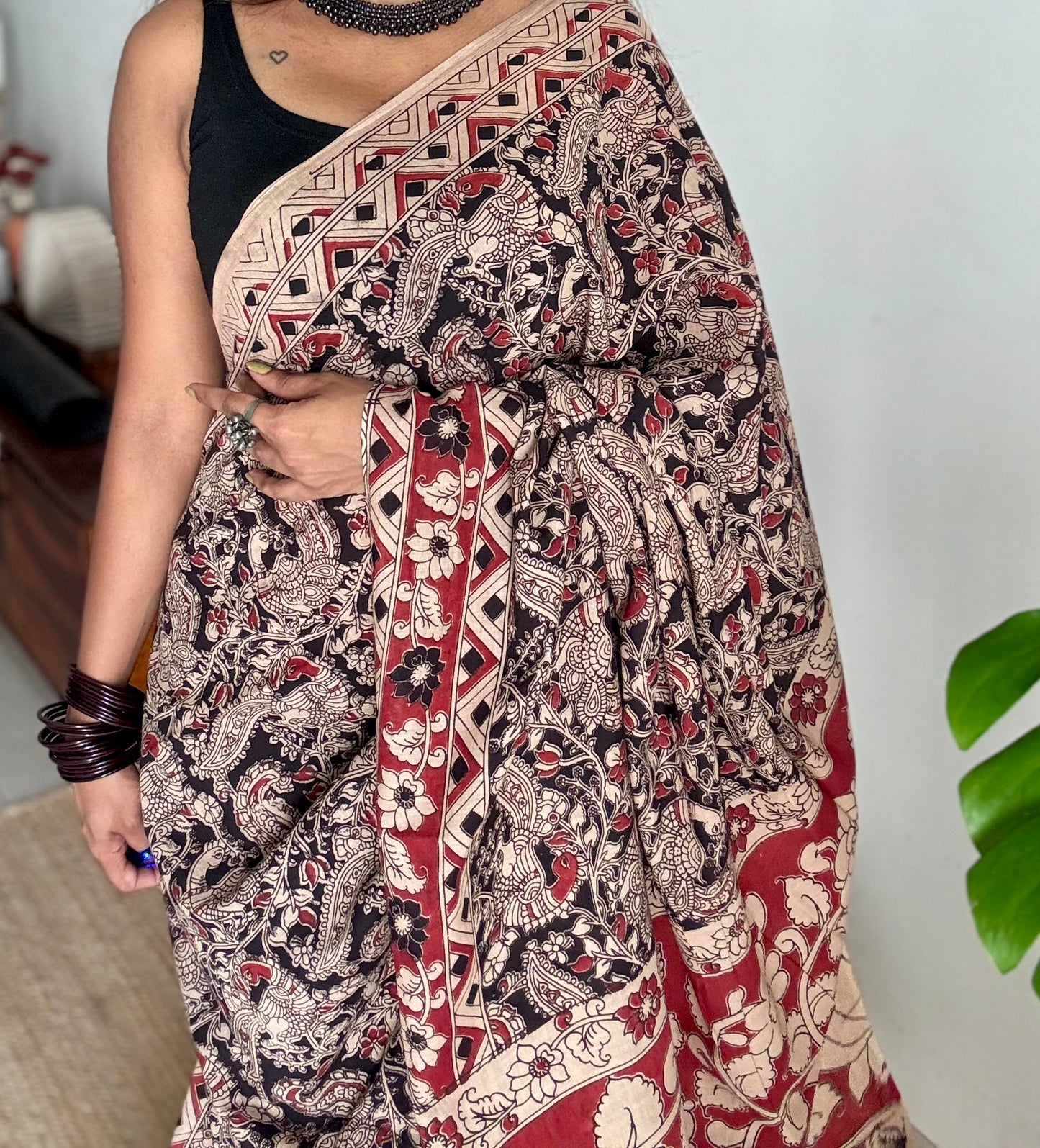 Black with red kalamkari saree, floral vines, soft cotton - YCWOTDMA352
