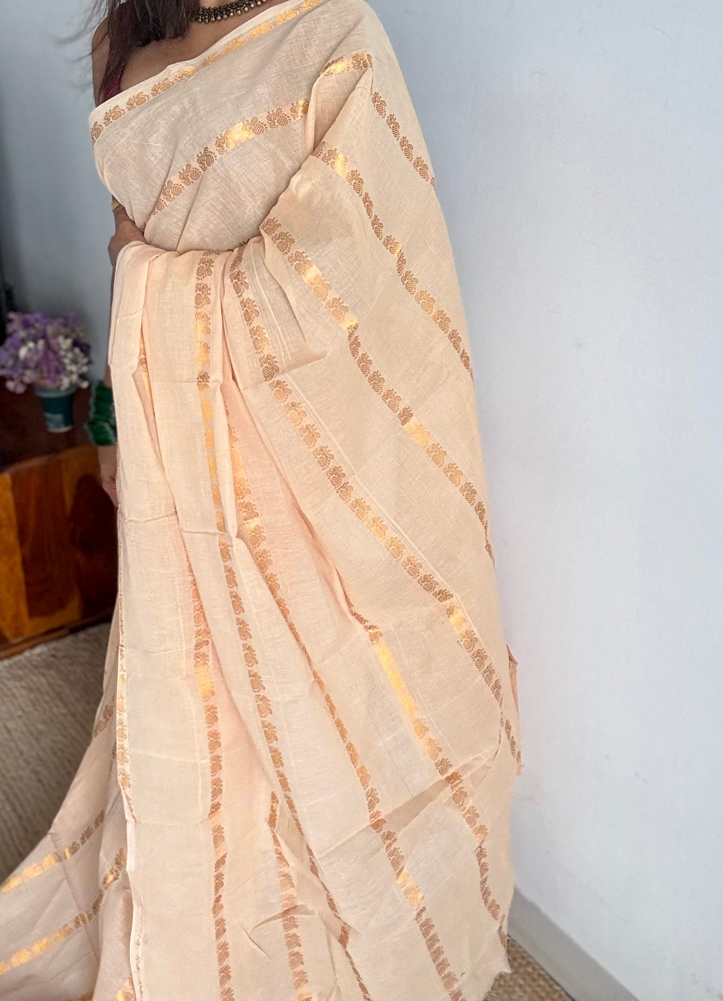 Sandal shade with multi peacock motif lines, kattuchayam dyed sungudi cotton - YCCOTNMSFE261