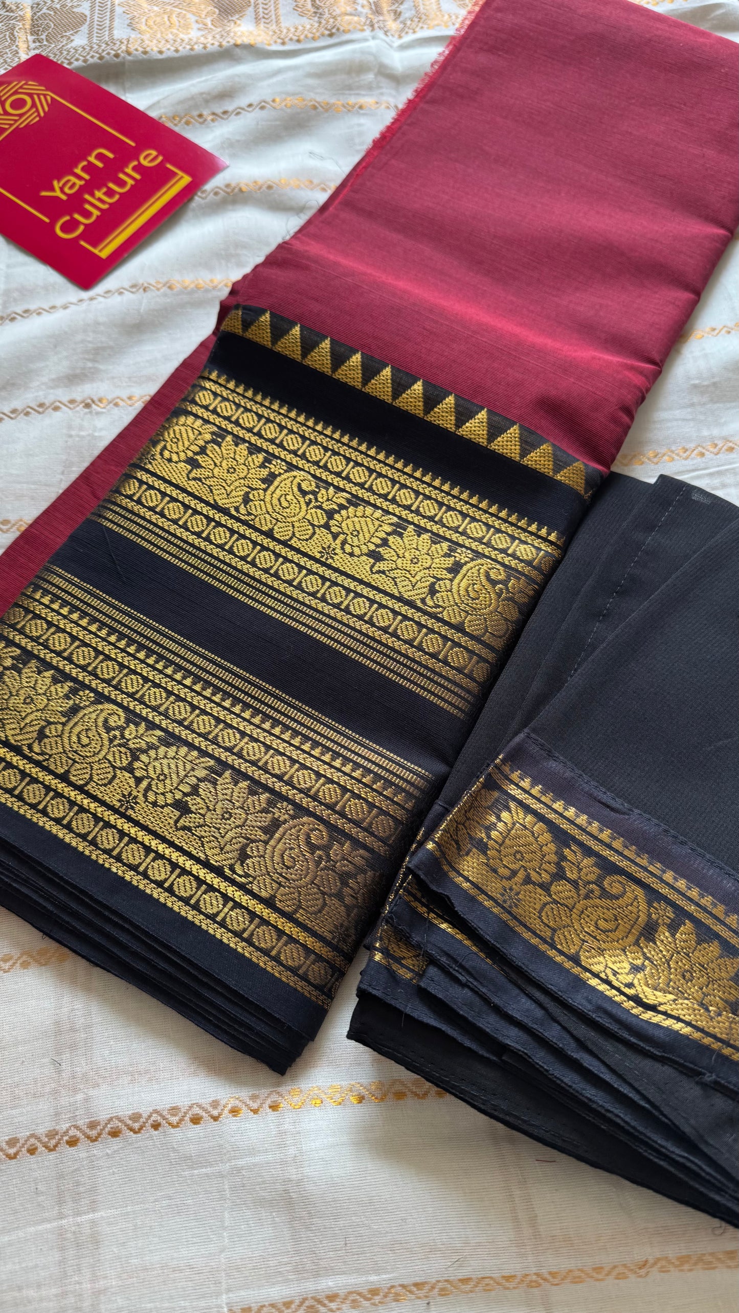 Maroon - Black unstitched half saree material (dhavani), kanchi cotton - YCIEHS210