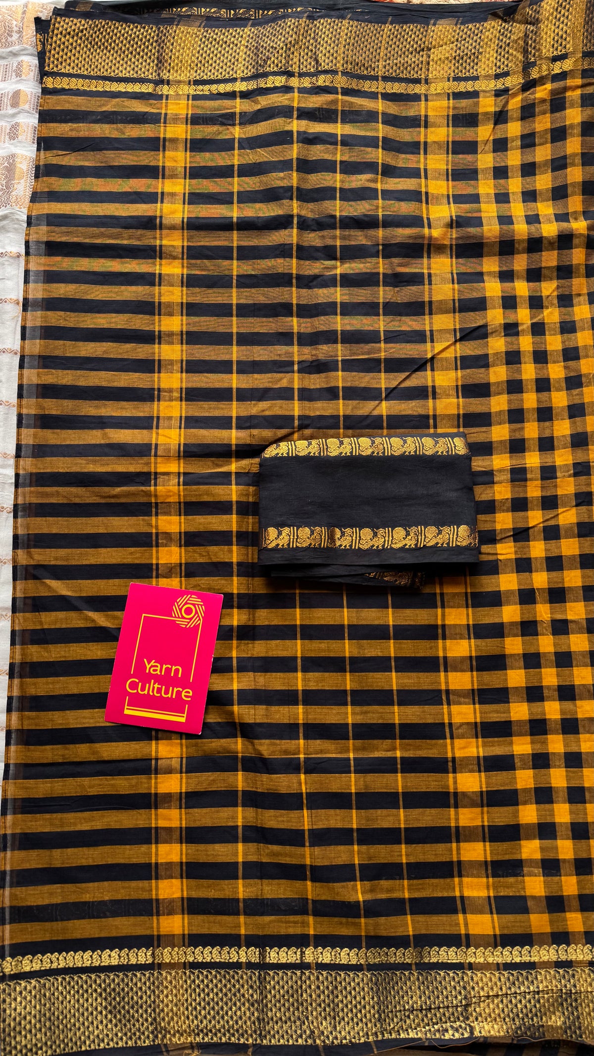 Yellow and black checks with black, sungudi and chettinad cotton half-half saree - YCCOTNIDOC29