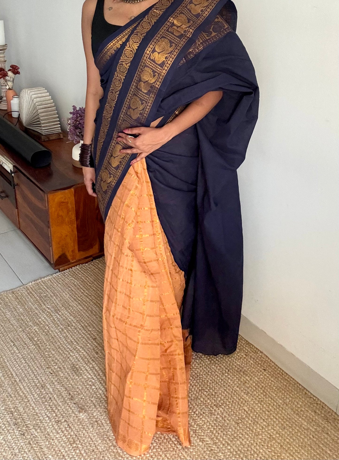 Dark blue with musk, sungudi cotton half-half saree - YCCOTNIDMA318