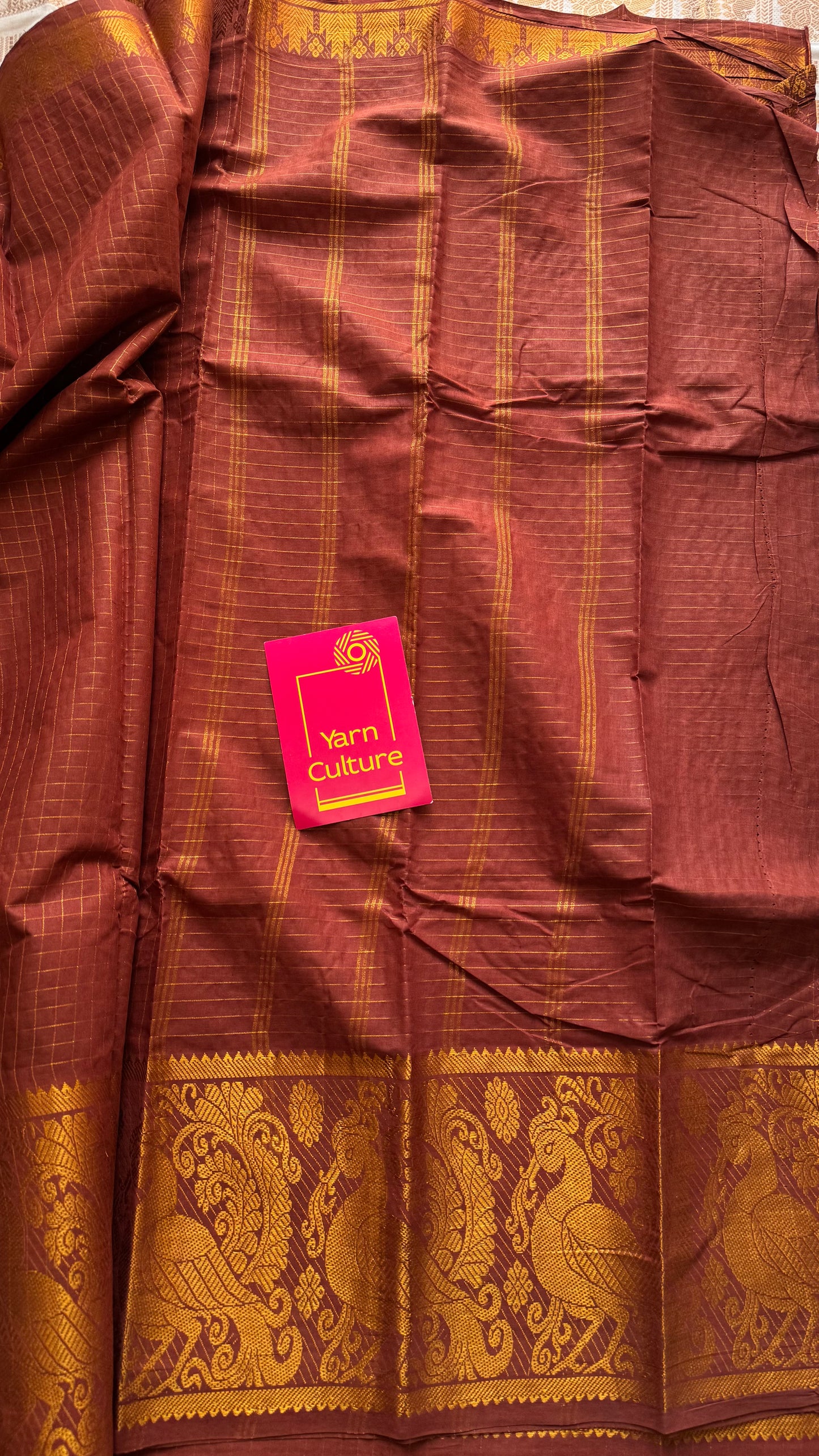 Brown with wide border, zari checkered sungudi, kattuchayam dyed madurai cotton - YCCOTNMSAP112
