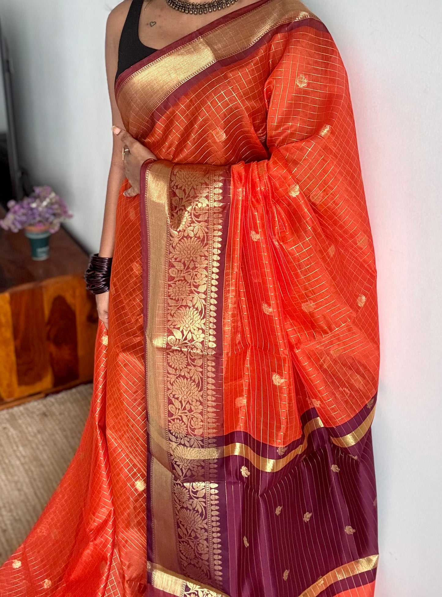 Dark orange with coffee brown, semi tissue silk - YCBLSSJA20