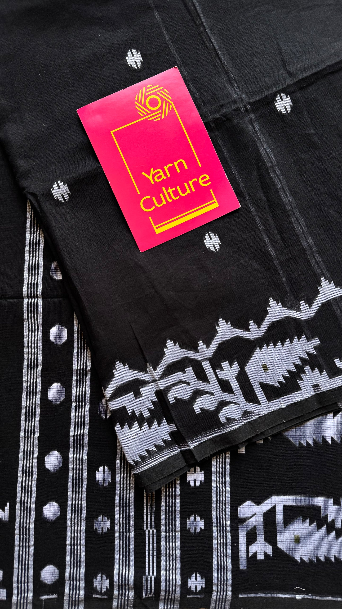 Black with white contrast jamdani saree in soft handloom cotton - YCBCJDFE377