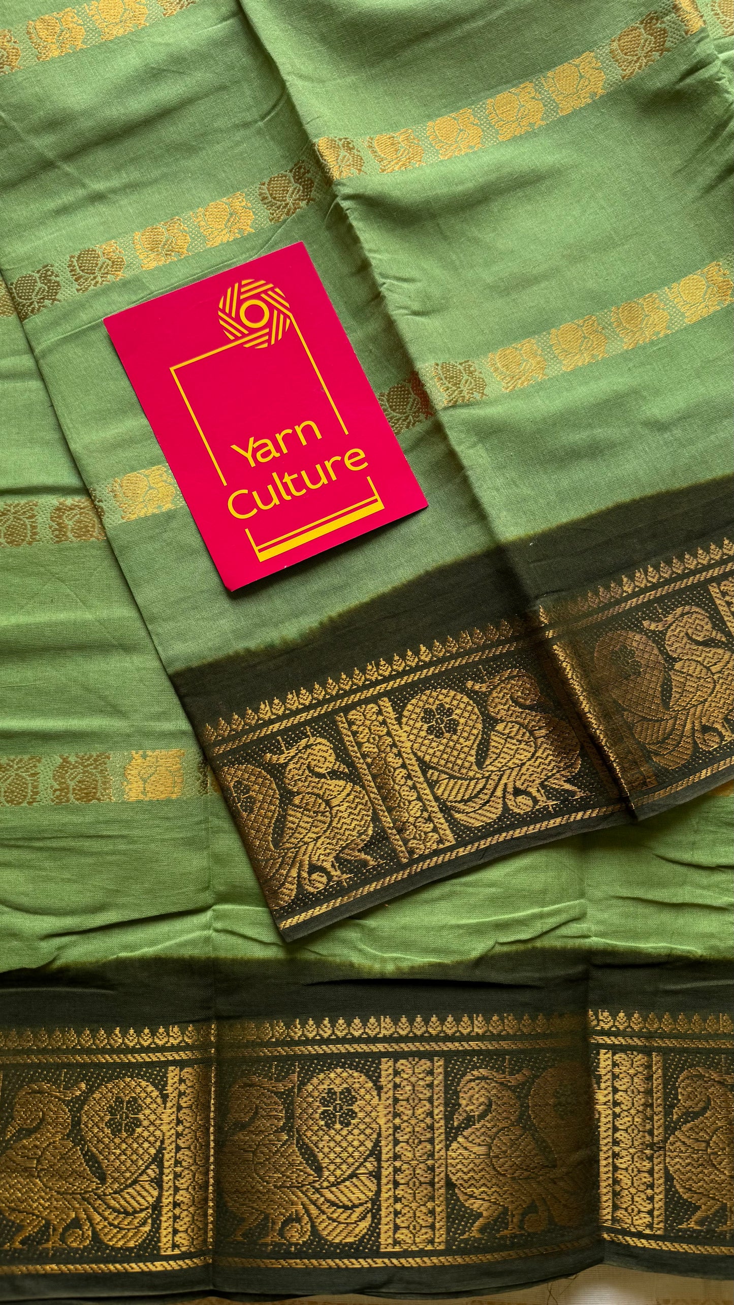 Light pista green with dark green, multi peacock motif lines, kattuchayam dyed sungudi cotton - YCCOTNJUCC13