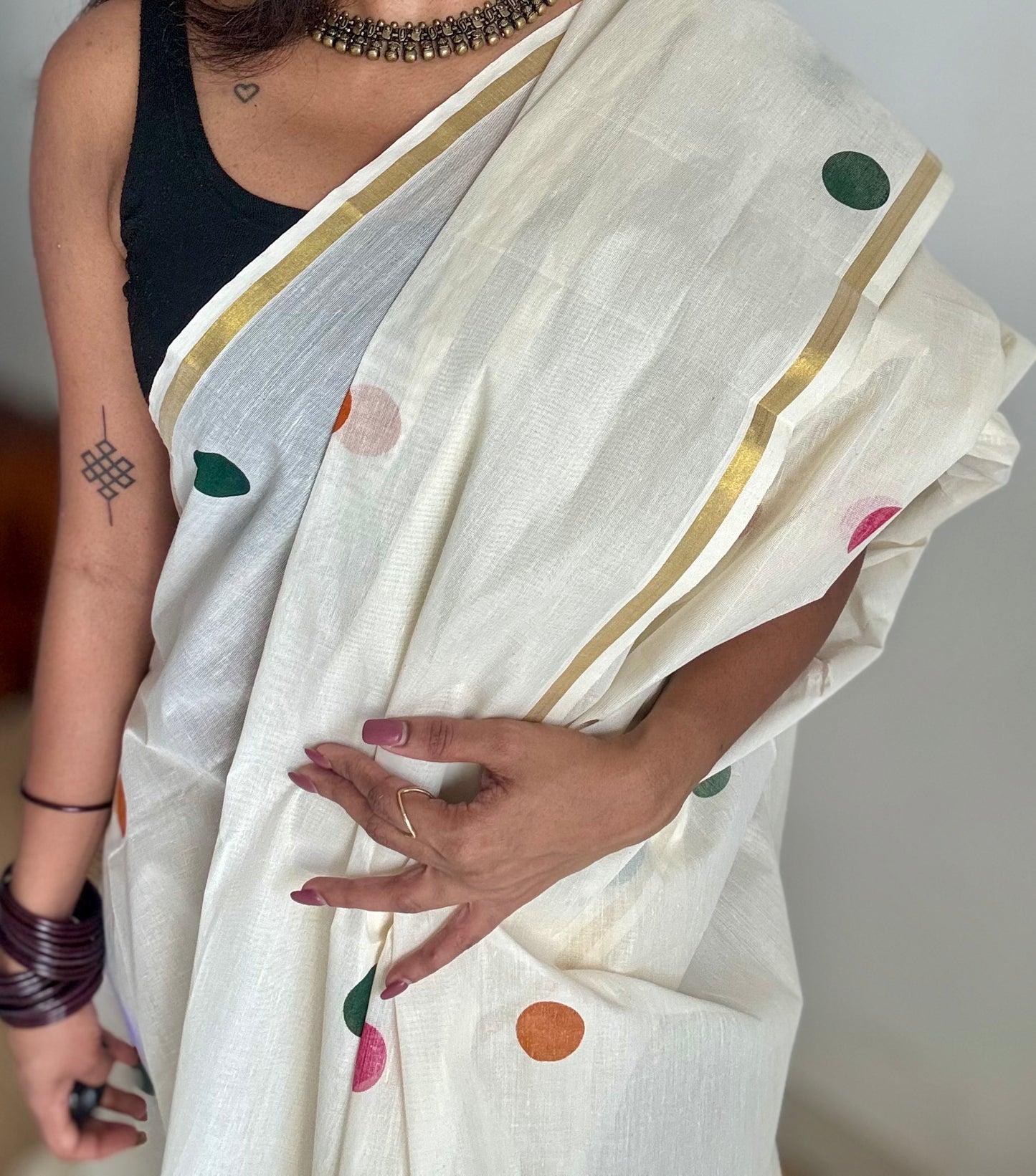 Ivory and gold soft cotton thin border kasavu saree, dark pink, mustard and green polka - YCIEON75