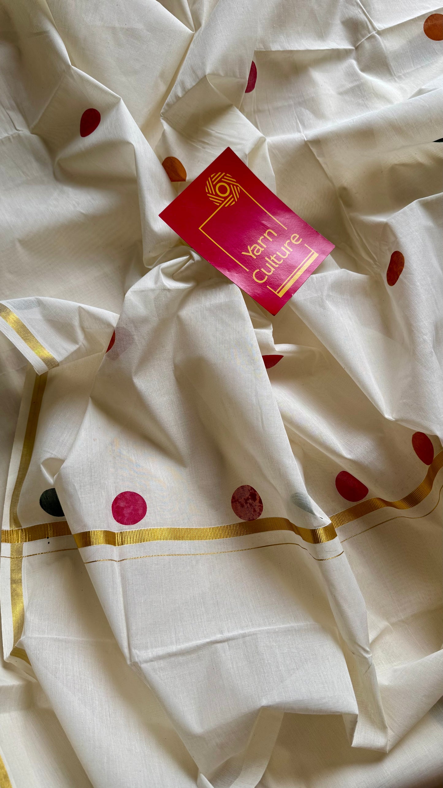 Ivory and gold soft cotton thin border kasavu saree, dark pink, mustard and green polka - YCIEON75