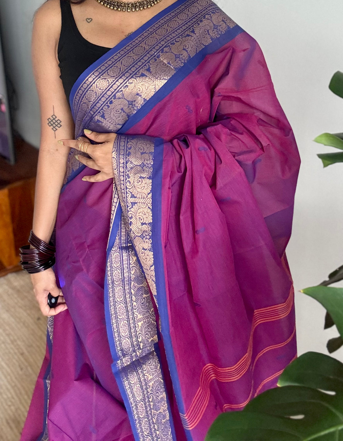 Purple pink with royal blue zari border chettinad cotton saree - YCCOTNCKSE15