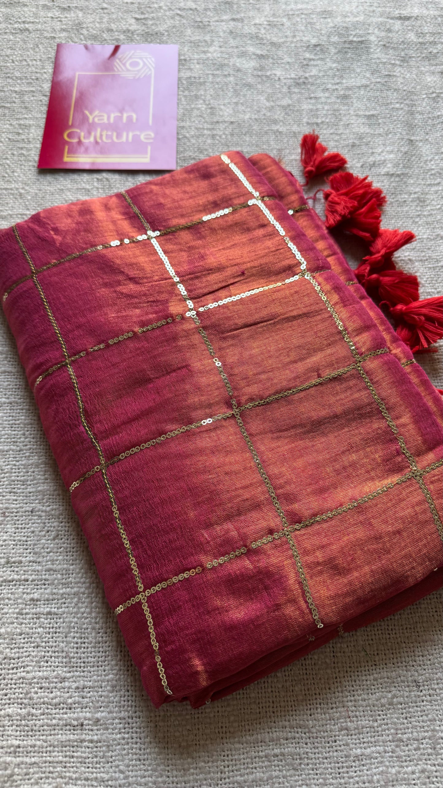 Rani pink, checkered sequins work, mul tissue - YCBCMCJA13