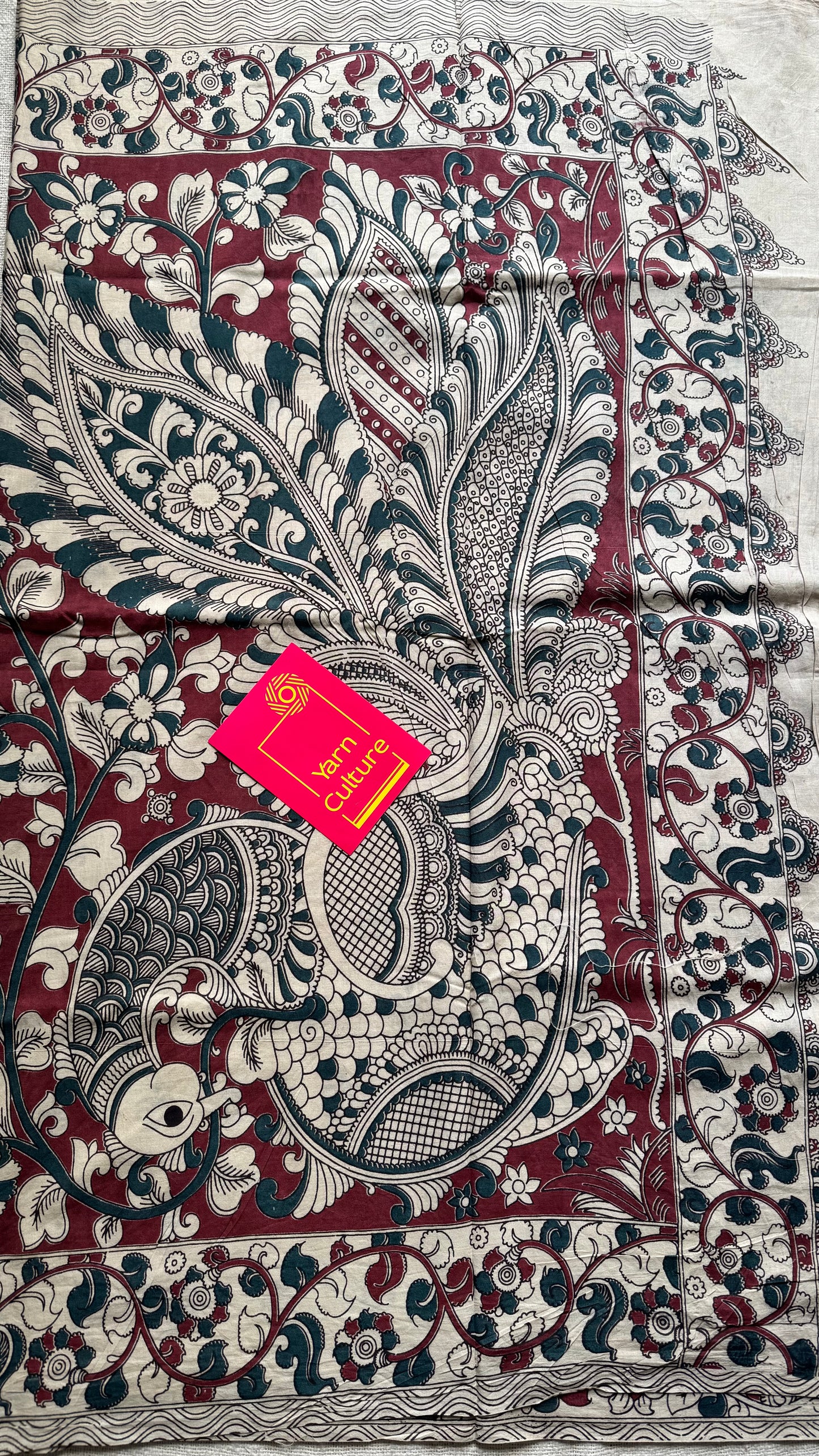 Bluish grey with beige and maroon kalamkari, floral vines, soft cotton - YCWOTDOCMP86