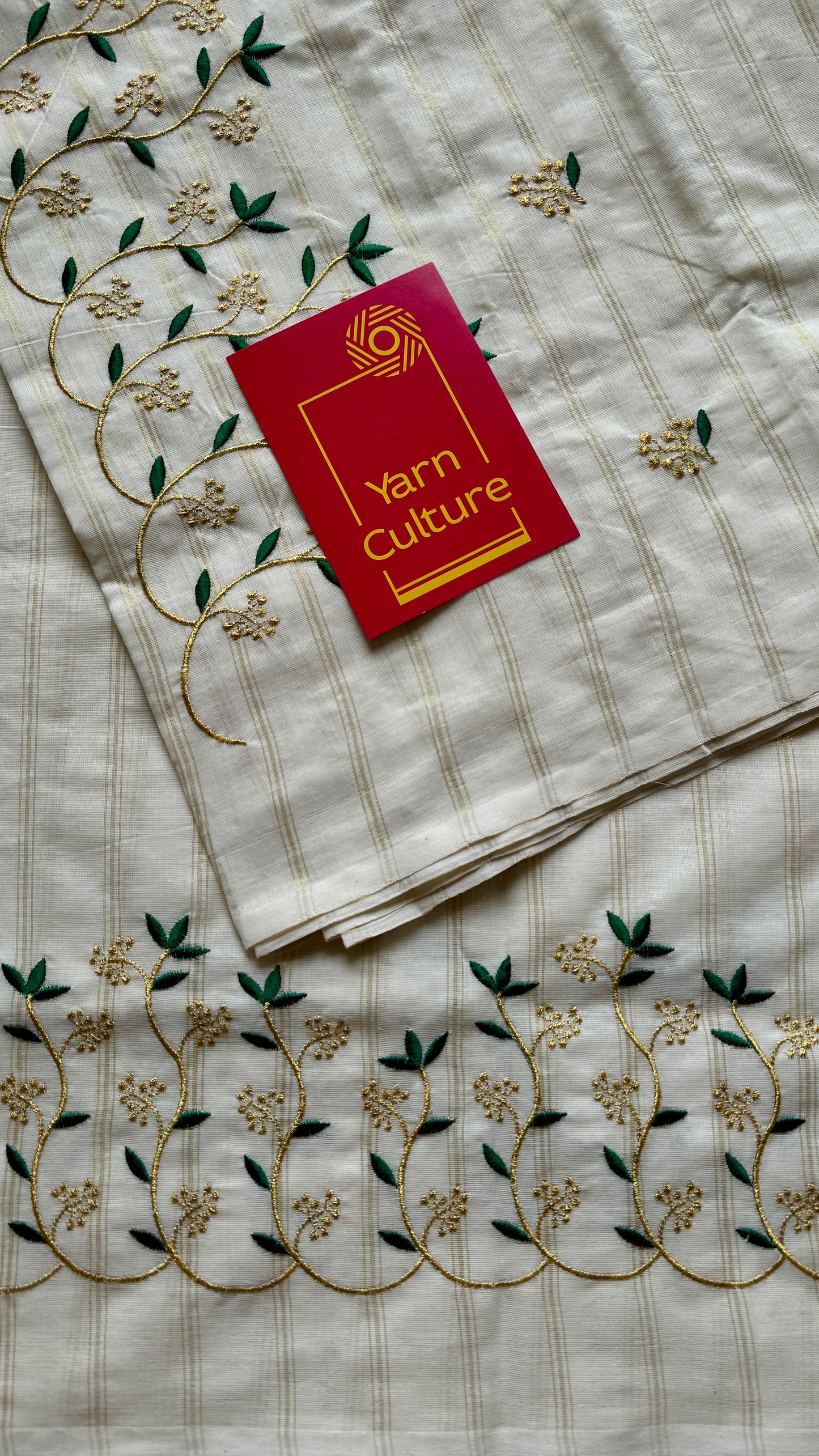 Ivory and gold soft cotton saree, dark green floral vine embroidery  - YCIEON57