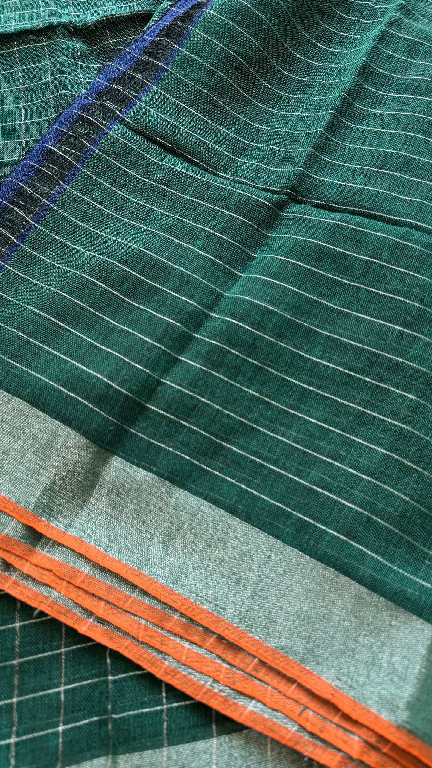 Green linen by cotton saree, silver checks & zari pallu - YCBCLCFE390