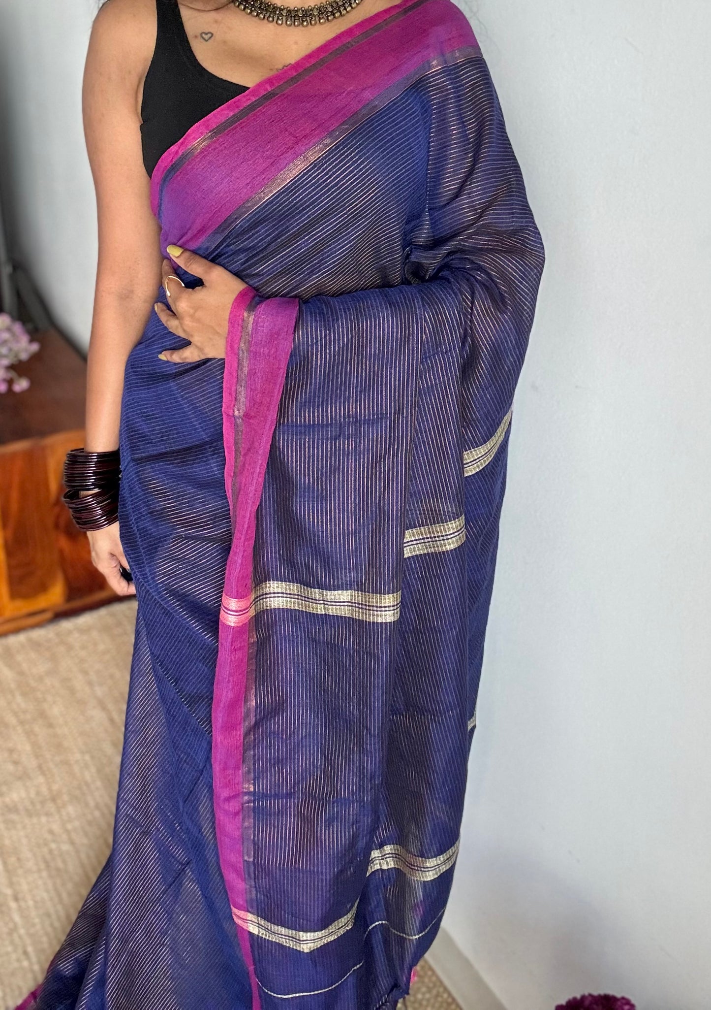 Dark blue with magenta gap border, gold zari stripes, soft cotton - YCBCKCZDE129