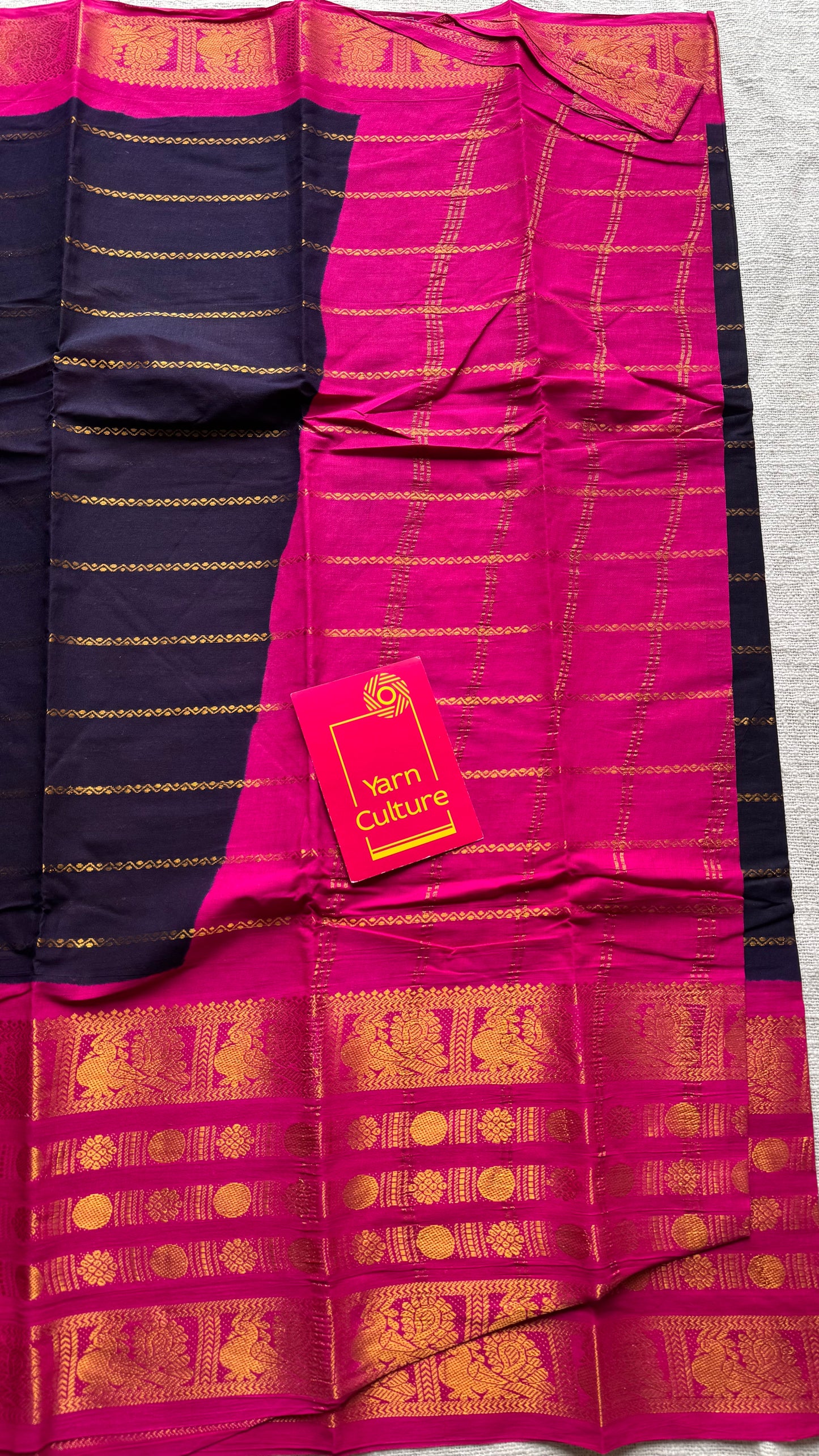 Dark blue with hot pink, peacock rudraksham motif, single side broad zari - madurai kattuchayam dyed - YCCOTNAUS24