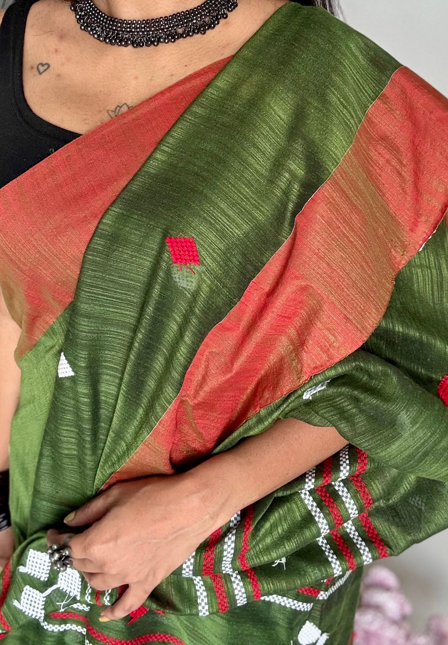 Green with burnt orange, soft cotton with woven motifs - YCBCKCDE26