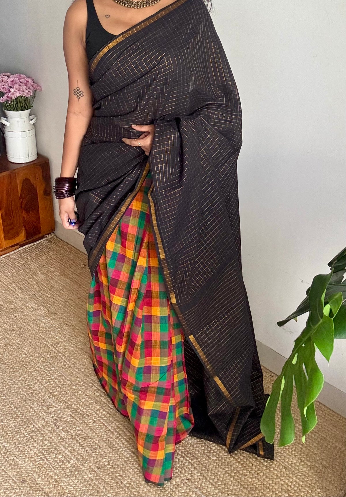 Black with multicoloured mini madras checks, cotton half and half saree - YCCOTNIDOC168