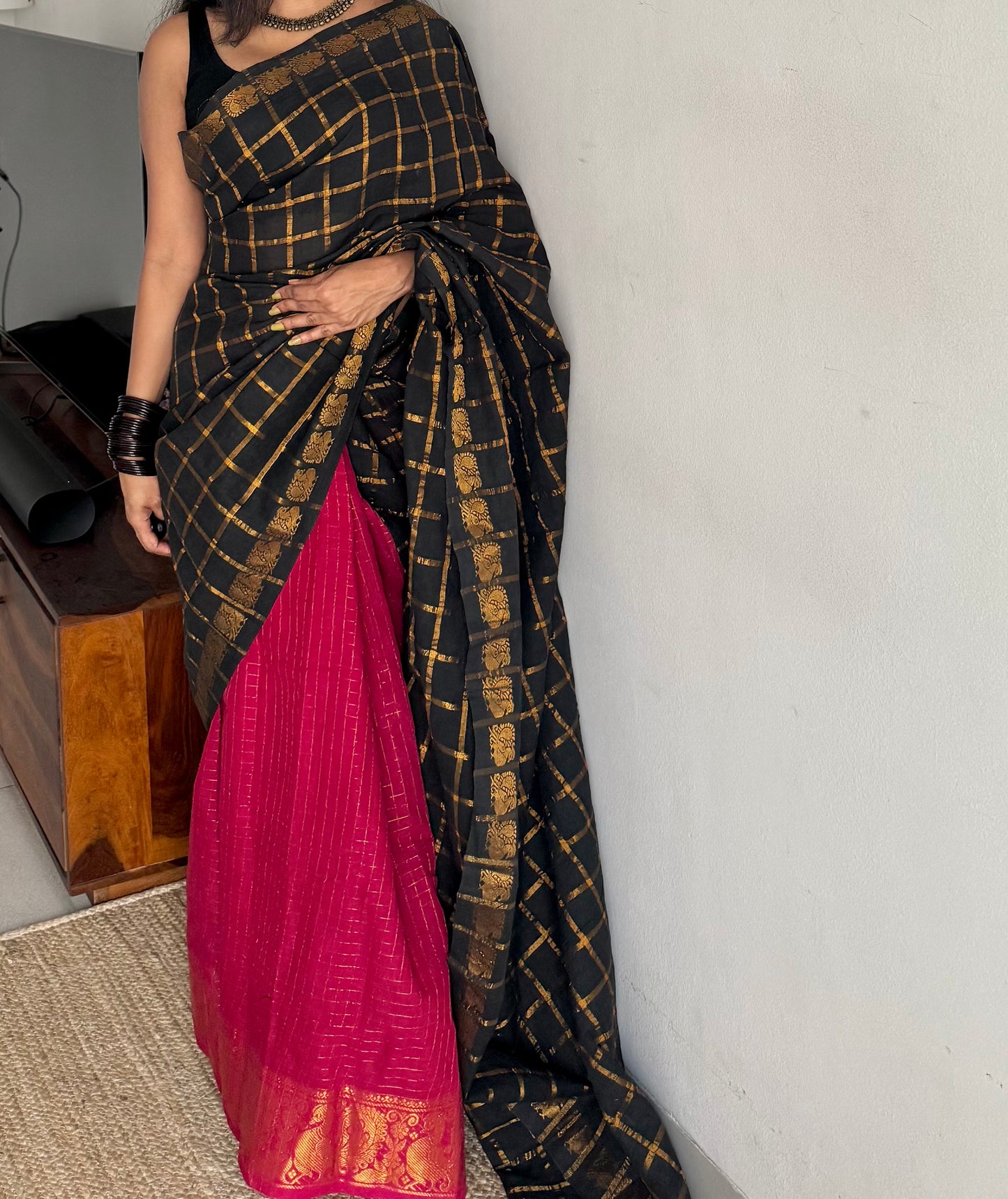 Black with hot pink, sungudi cotton half-half saree - YCCOTNMSFE365