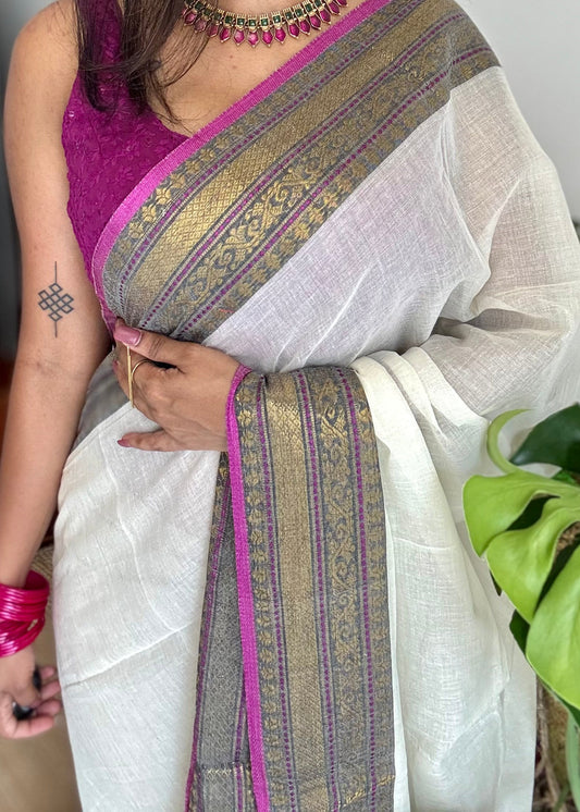 Ivory mul saree, purple pink and antique gold kanchi border - YCIEON30