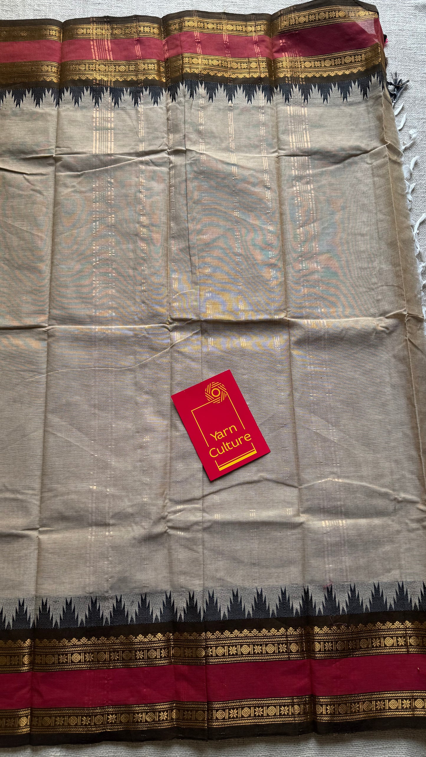 Cream with light red Kanchi cotton saree with rettaipettu double border - YCCOTNCCFE71