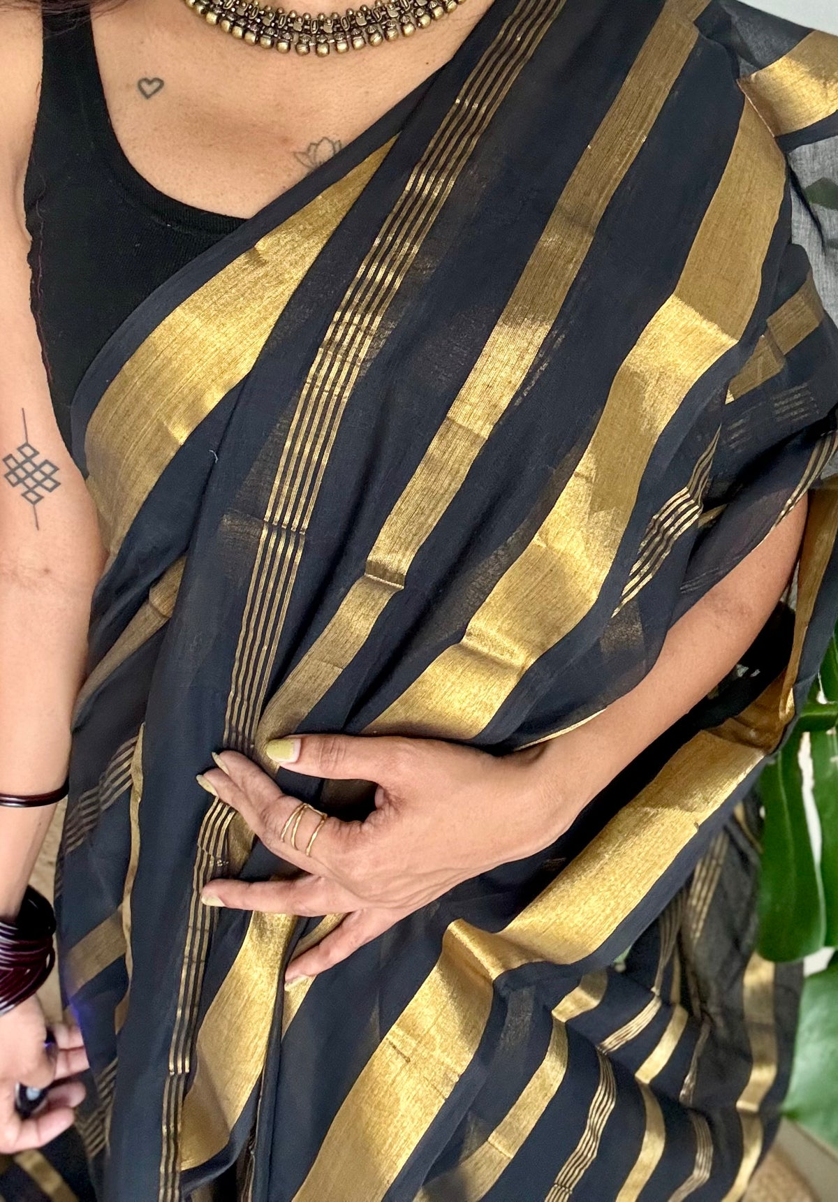 Black mul cotton saree with zari stripes - YCBCMCSE26